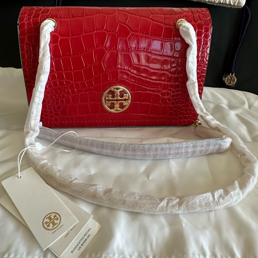 AUTH. NWT Tory Burch Carson Embossed Convertible Shoulder/Xbody- BrightCarnelian